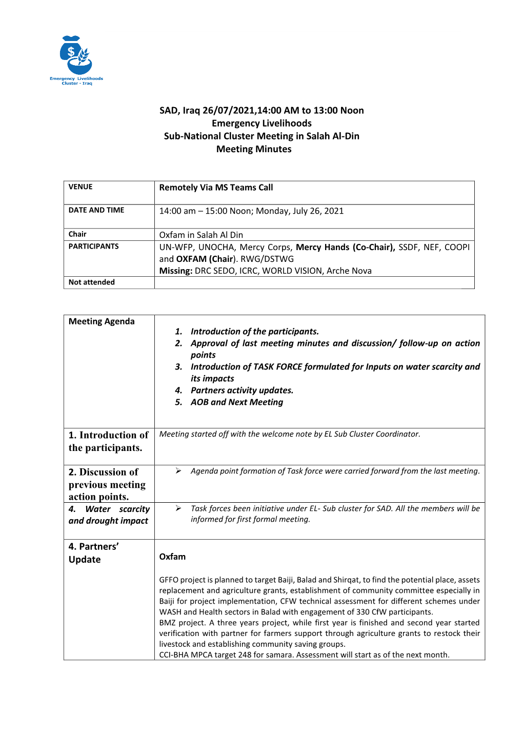 SAD, Iraq 26/07/2021,14:00 AM to 13:00 Noon Emergency Livelihoods Sub-National Cluster Meeting in Salah Al-Din Meeting Minutes