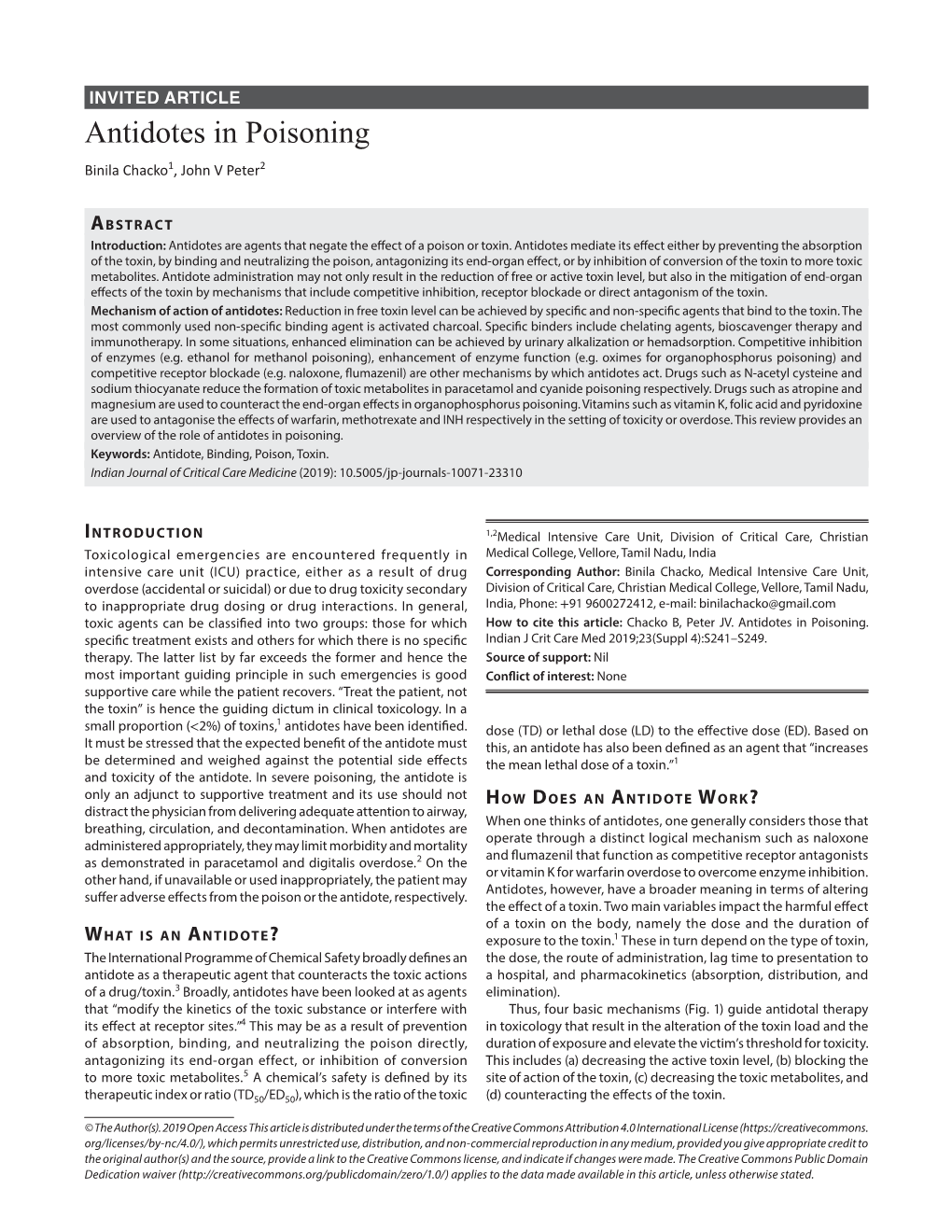 Antidotes in Poisoning Binila Chacko1, John V Peter2