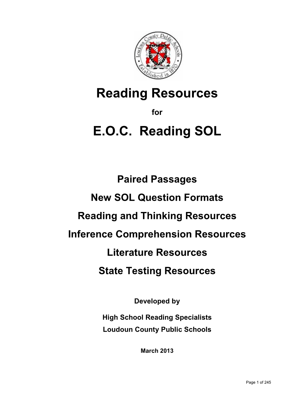 Reading Resources E.O.C. Reading