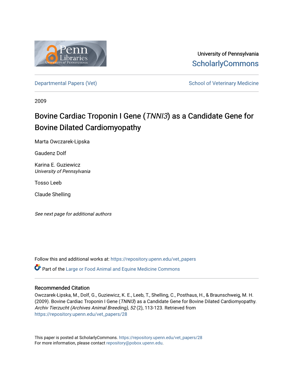 Bovine Cardiac Troponin I Gene (TNNI3) As a Candidate Gene for Bovine Dilated Cardiomyopathy