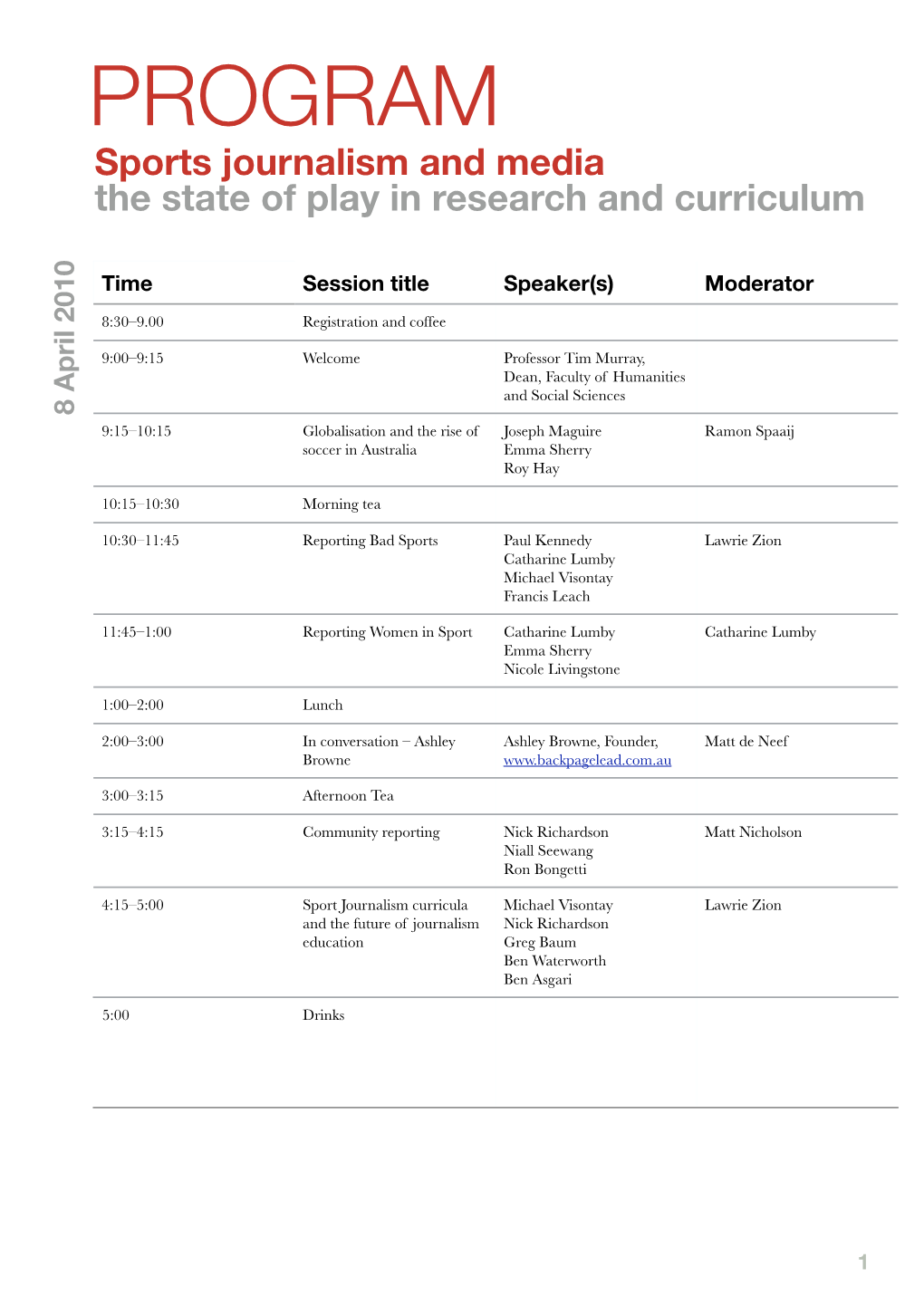 PROGRAM Sports Journalism and Media the State of Play in Research and Curriculum