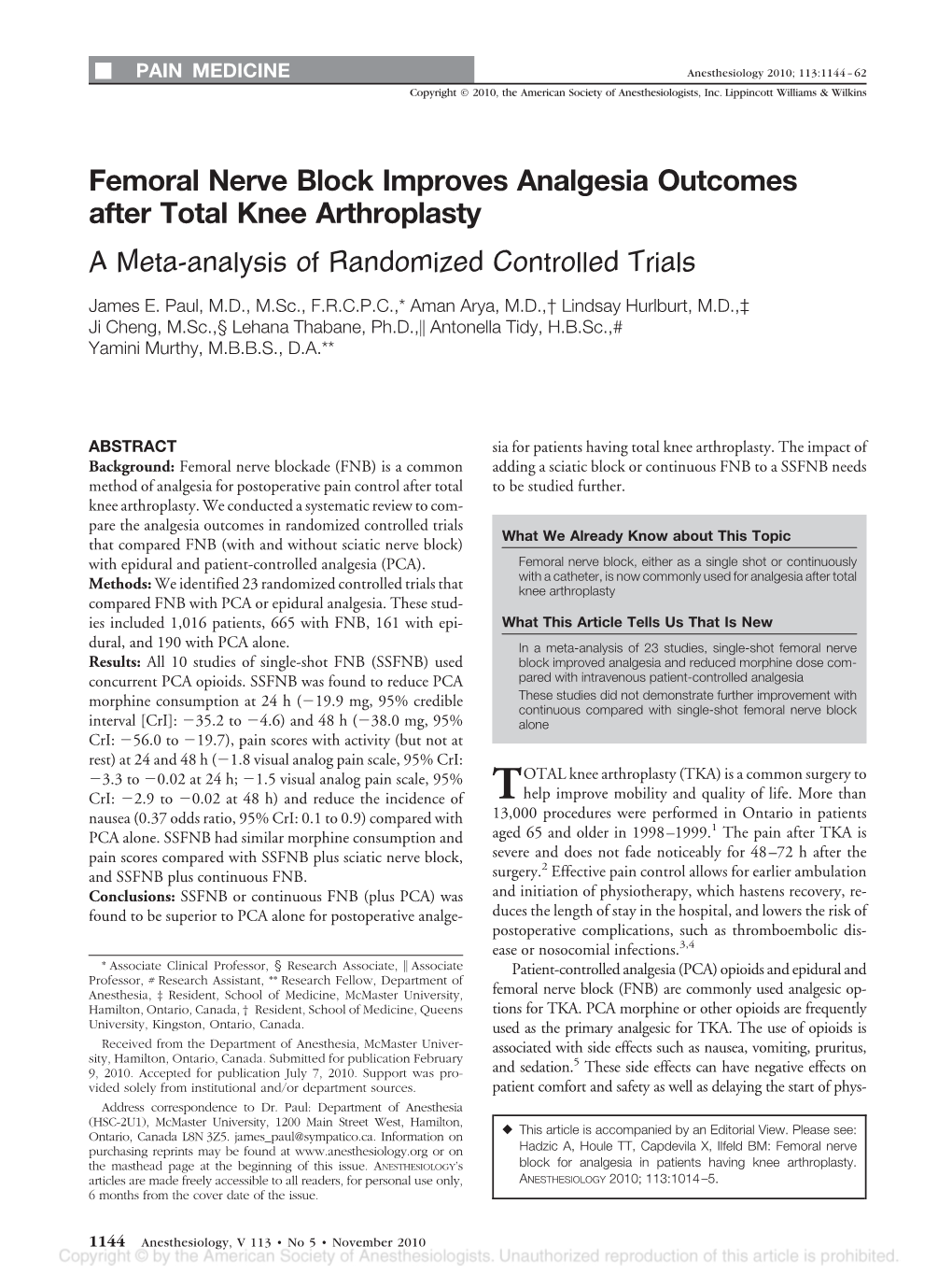 Femoral Nerve Block Improves Analgesia Outcomes After Total Knee Arthroplasty a Meta-Analysis of Randomized Controlled Trials