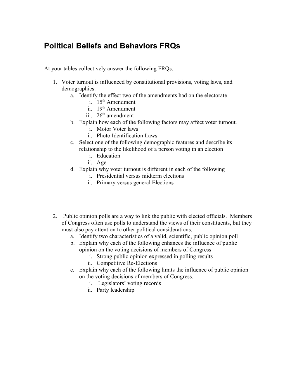 Frqs for Political Beliefs and Behaviors