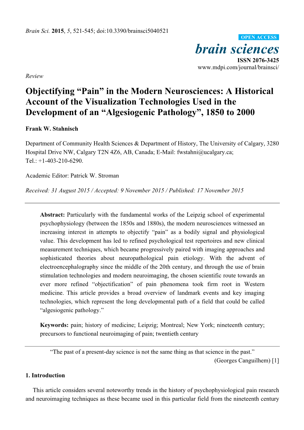 Pain” in the Modern Neurosciences: a Historical Account of the Visualization Technologies Used in the Development of an “Algesiogenic Pathology”, 1850 to 2000