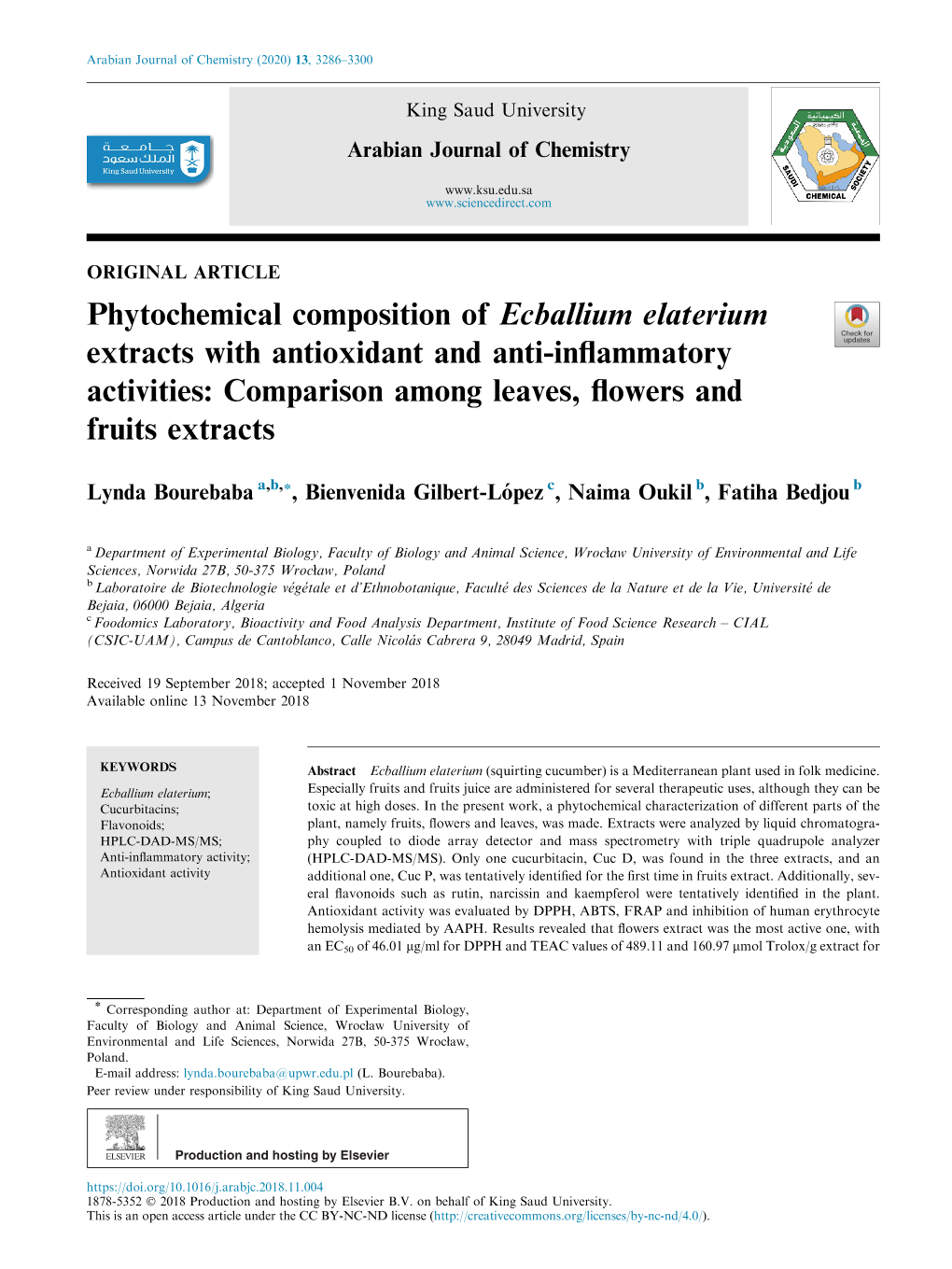 Phytochemical Composition of Ecballium Elaterium Extracts with Antioxidant and Anti-Inﬂammatory Activities: Comparison Among Leaves, ﬂowers and Fruits Extracts