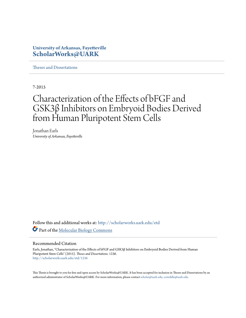 Characterization of the Effects of Bfgf and Gsk3β Inhibitors on Embryoid