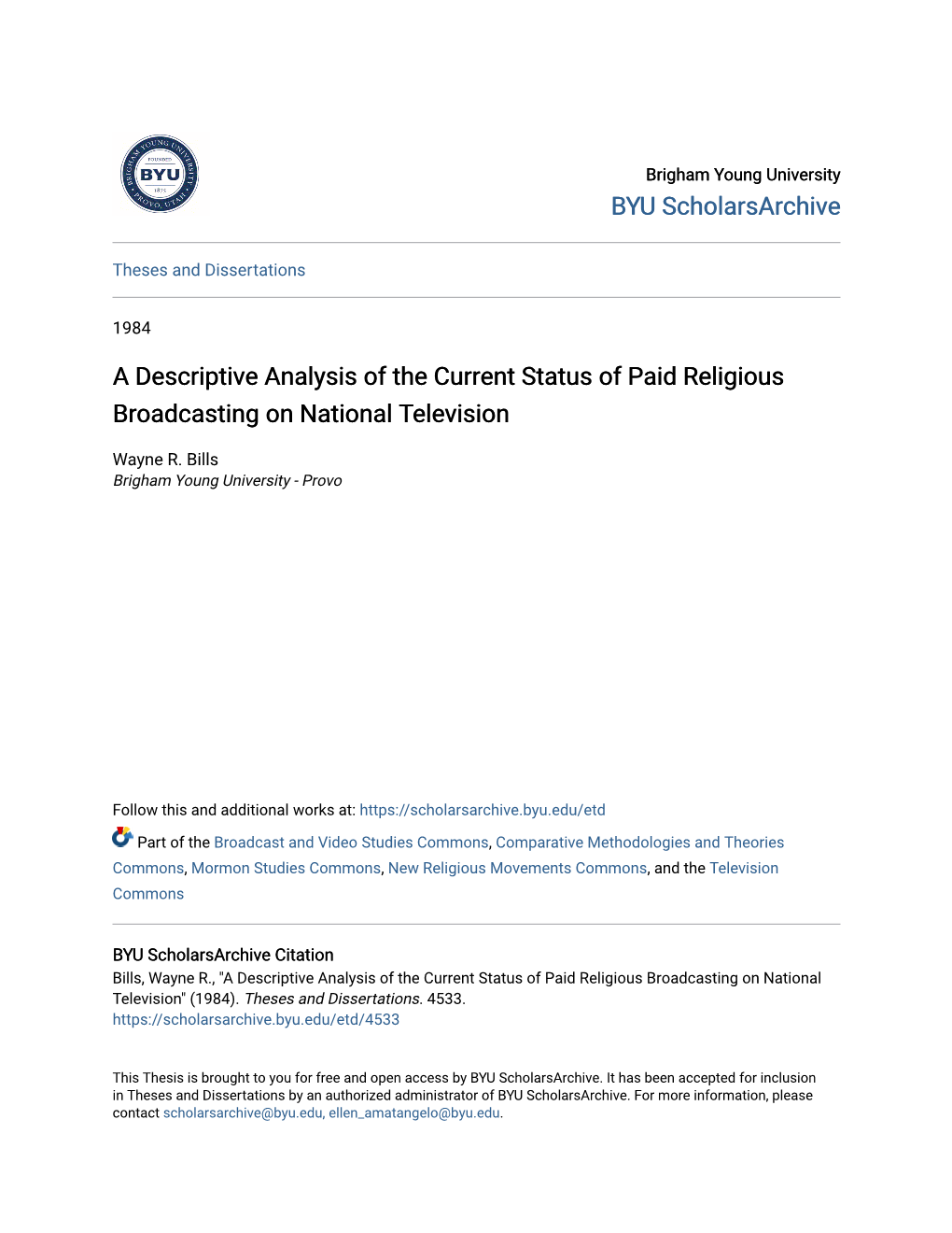 A Descriptive Analysis of the Current Status of Paid Religious Broadcasting on National Television