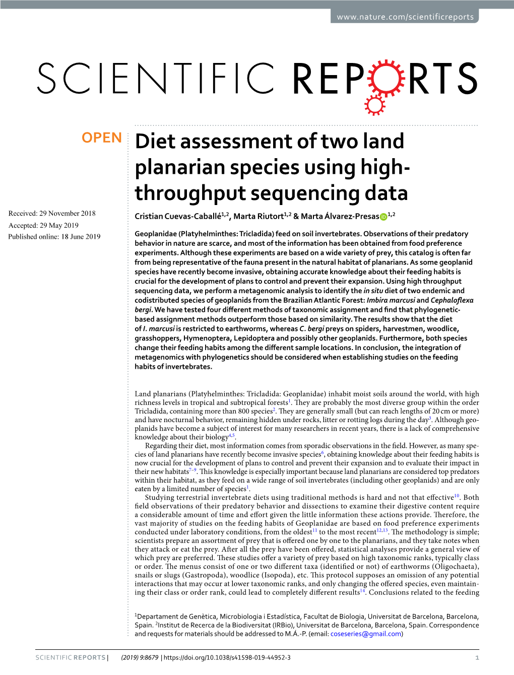 Diet Assessment of Two Land Planarian Species Using High-Throughput Sequencing Data