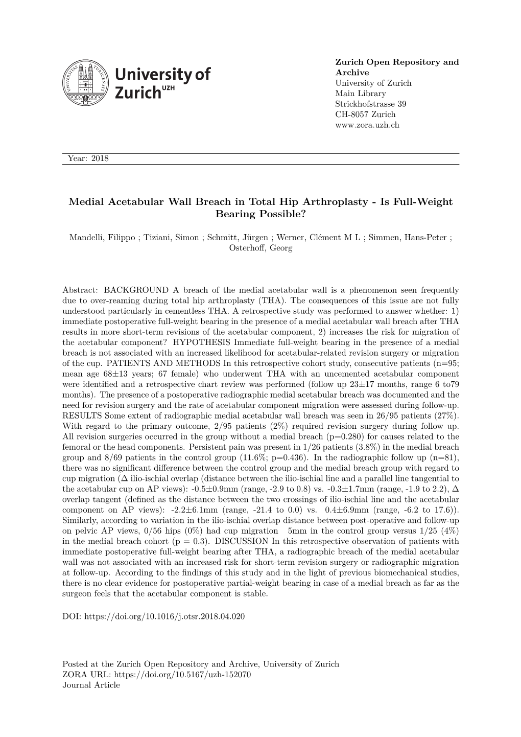 Medial Acetabular Wall Breach in Total Hip Arthroplasty – Is Full-Weight Bearing Possible?