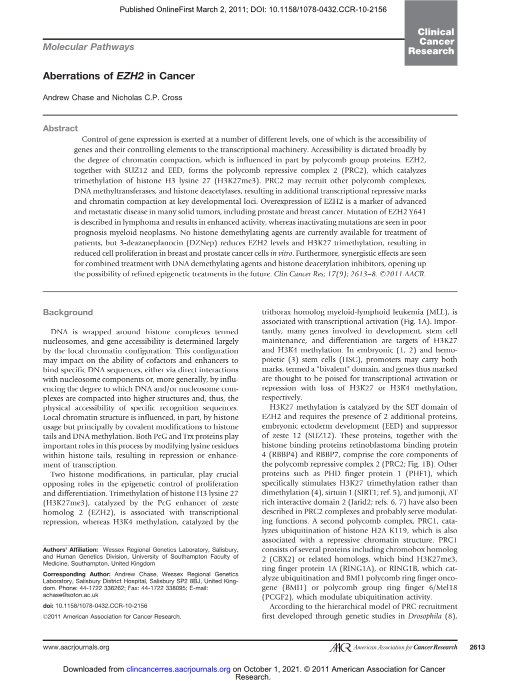 Aberrations of EZH2 in Cancer