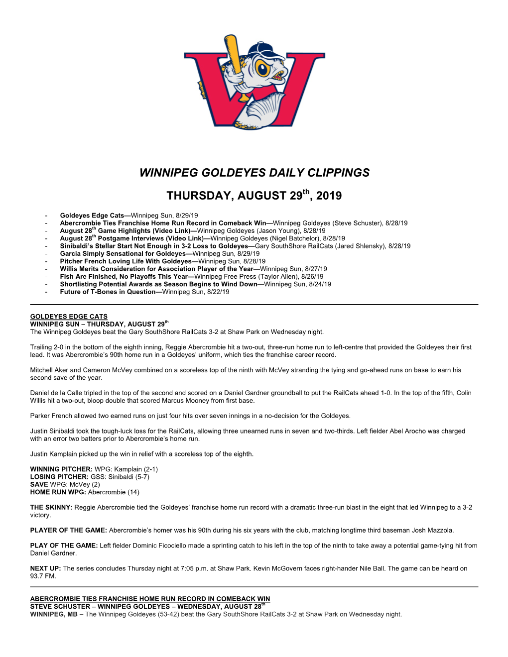 Winnipeg Goldeyes Daily Clippings Thursday, August