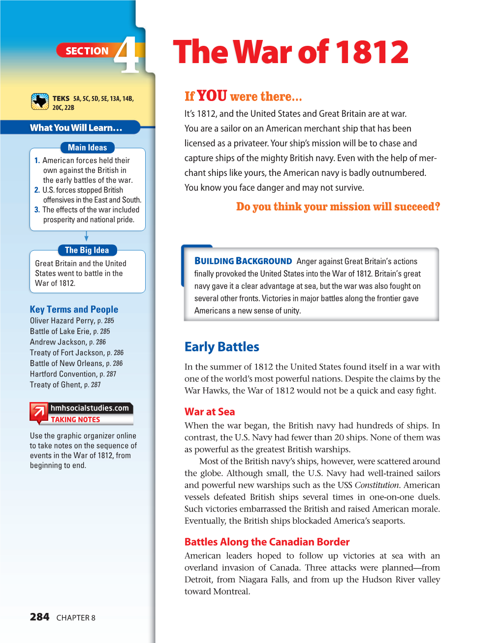The War of 1812 TEKS 5A, 5C, 5D, 5E, 13A, 14B, If YOU Were There