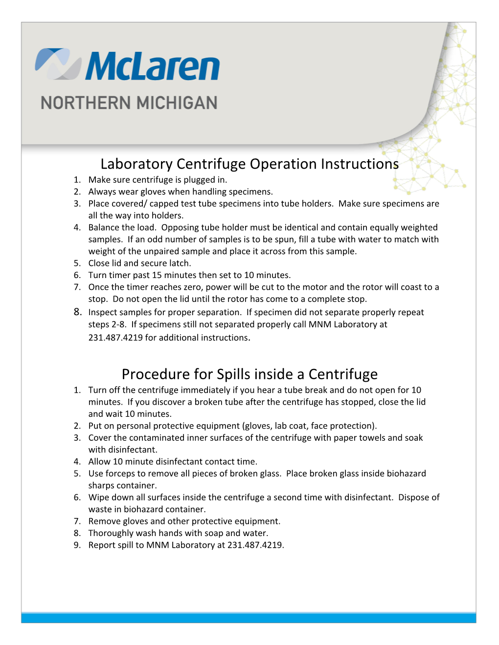 Laboratory Centrifuge Operation Instructions Procedure for Spills