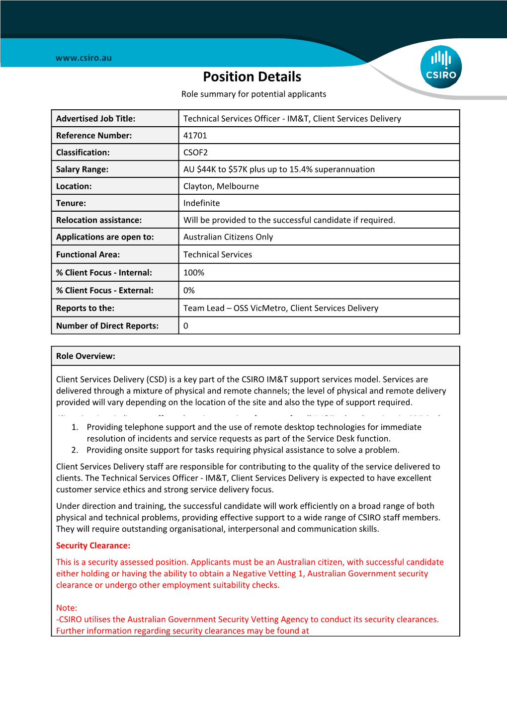 Recruitment - Position Details - Role Summary for Potential Applications