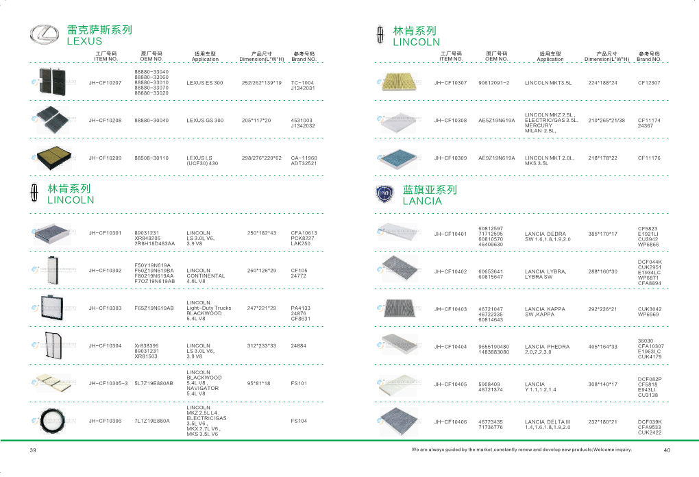 林肯系列 Lexus Lincoln 工厂号码 原厂号码 适用车型 产品尺寸 参考号码 工厂号码 原厂号码 适用车型 产品尺寸 参考号码 Item No