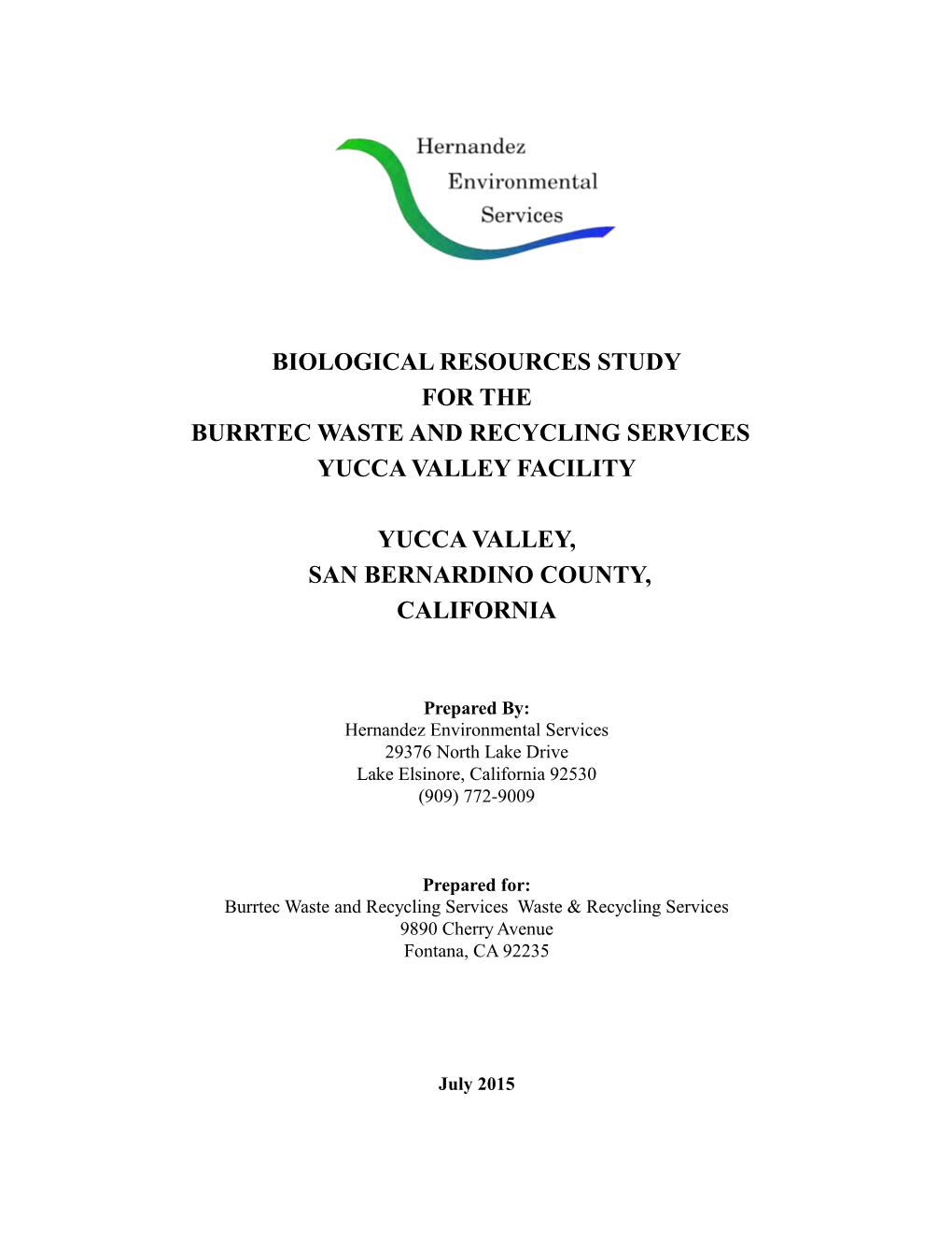 Biological Resources Study for the Burrtec Waste and Recycling Services Yucca Valley Facility