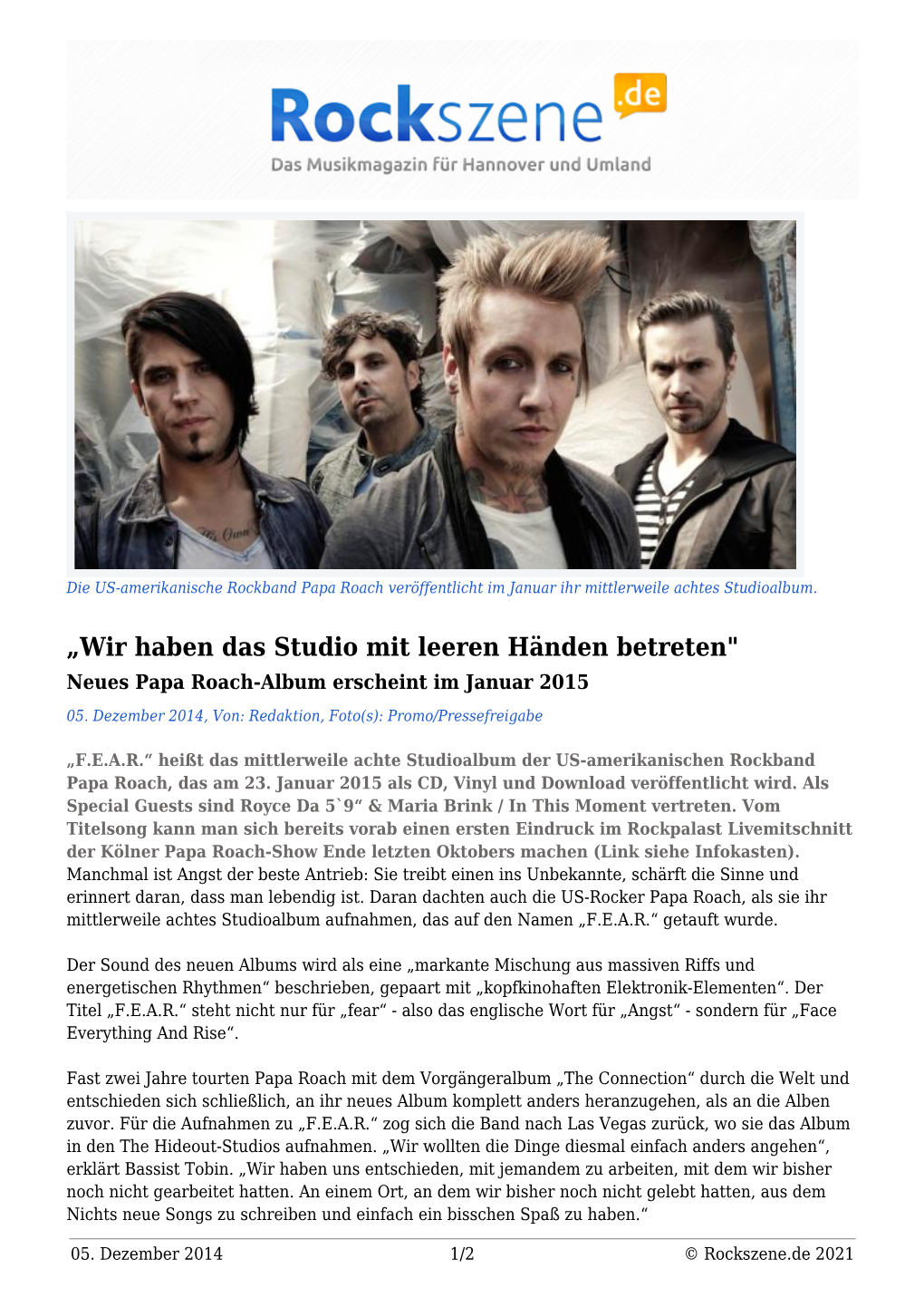 „Wir Haben Das Studio Mit Leeren Händen Betreten" Neues Papa Roach-Album Erscheint Im Januar 2015