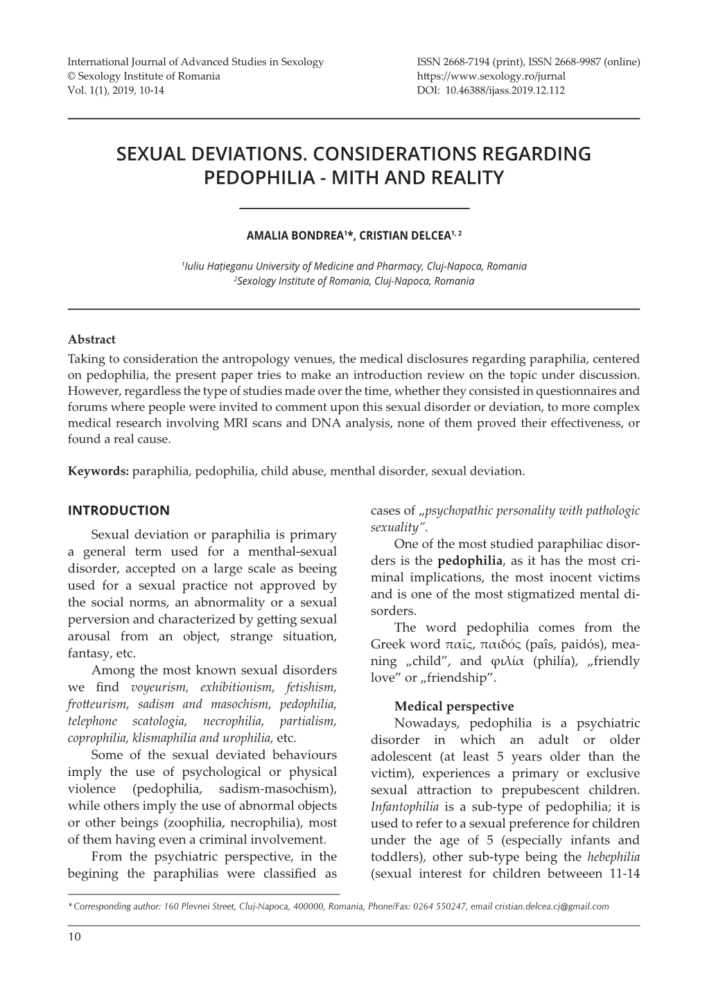 Sexual Deviations. Considerations Regarding Pedophilia - Mith and Reality
