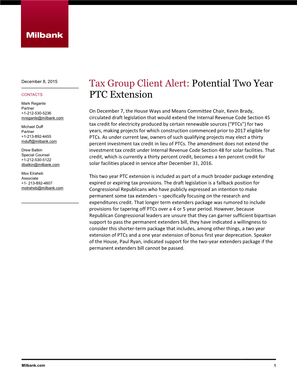 Tax Group Client Alert: Potential Two Year PTC Extension