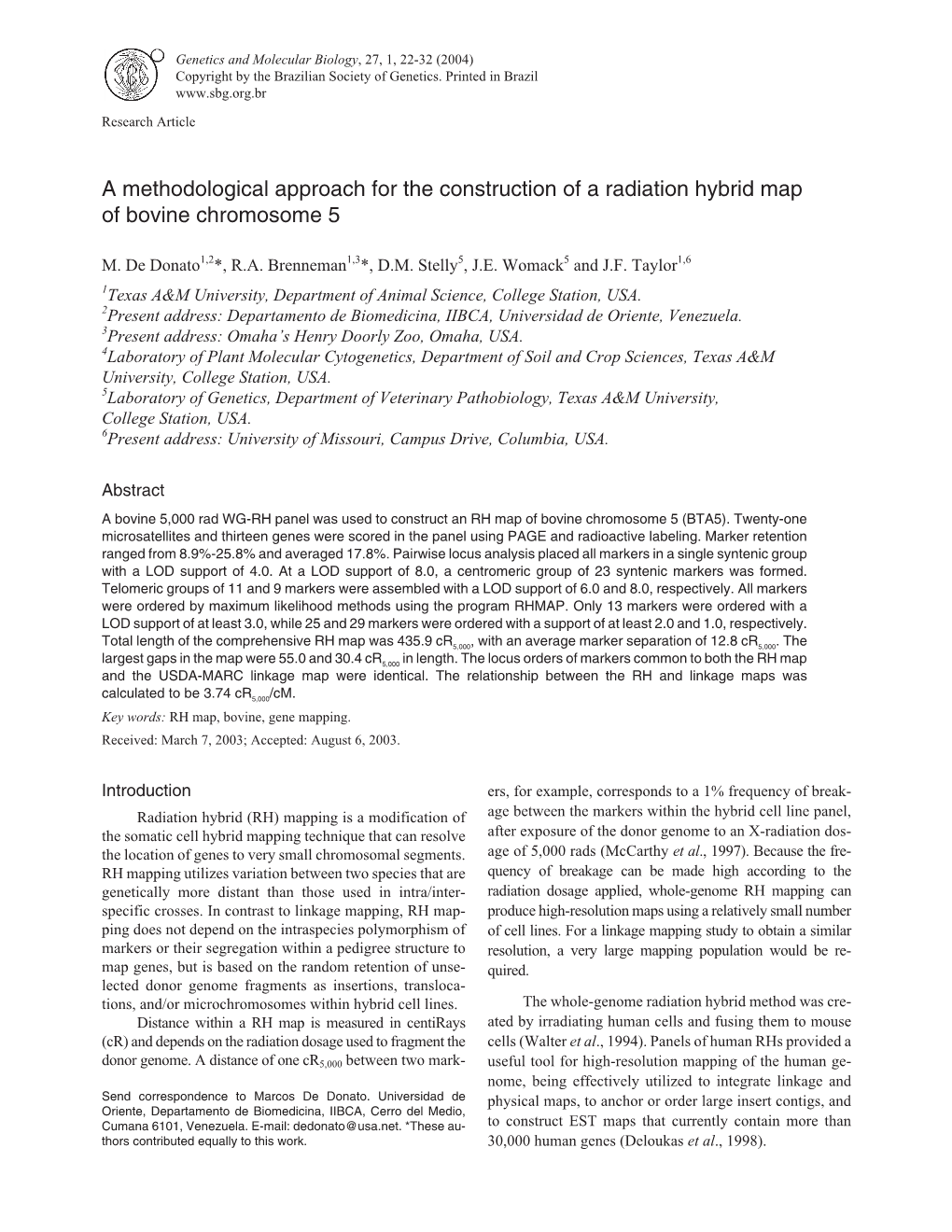 A Methodological Approach for the Construction of a Radiation Hybrid Map of Bovine Chromosome 5