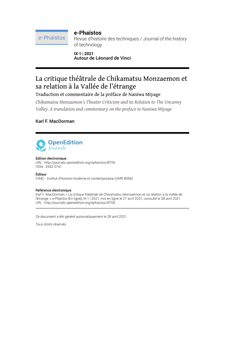 E-Phaïstos, IX-1 | 2021 La Critique Théâtrale De Chikamatsu Monzaemon Et Sa Relation À La Vallée De L