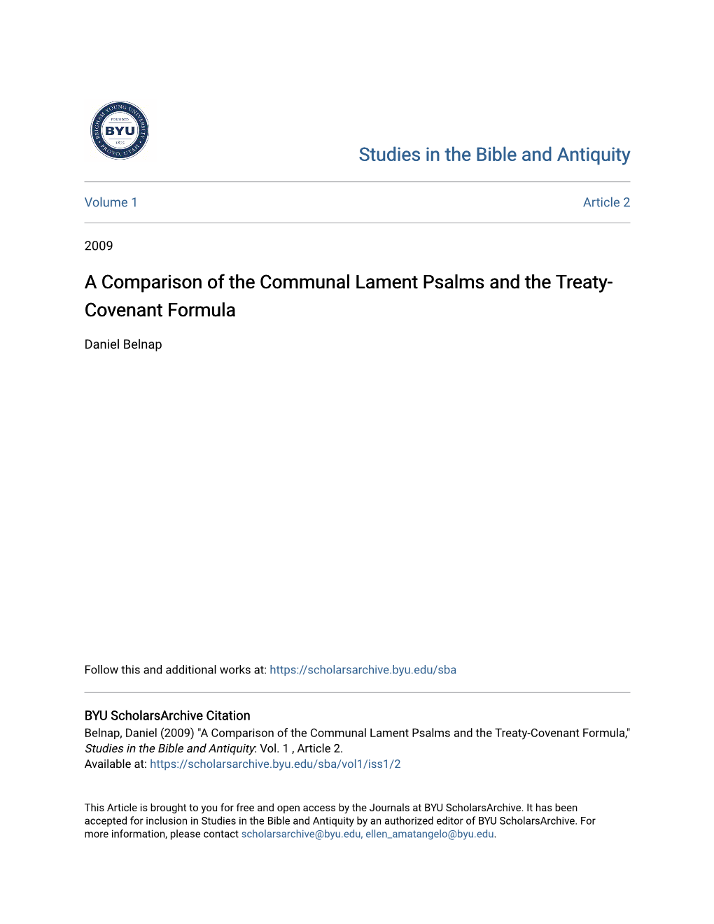 A Comparison of the Communal Lament Psalms and the Treaty- Covenant Formula