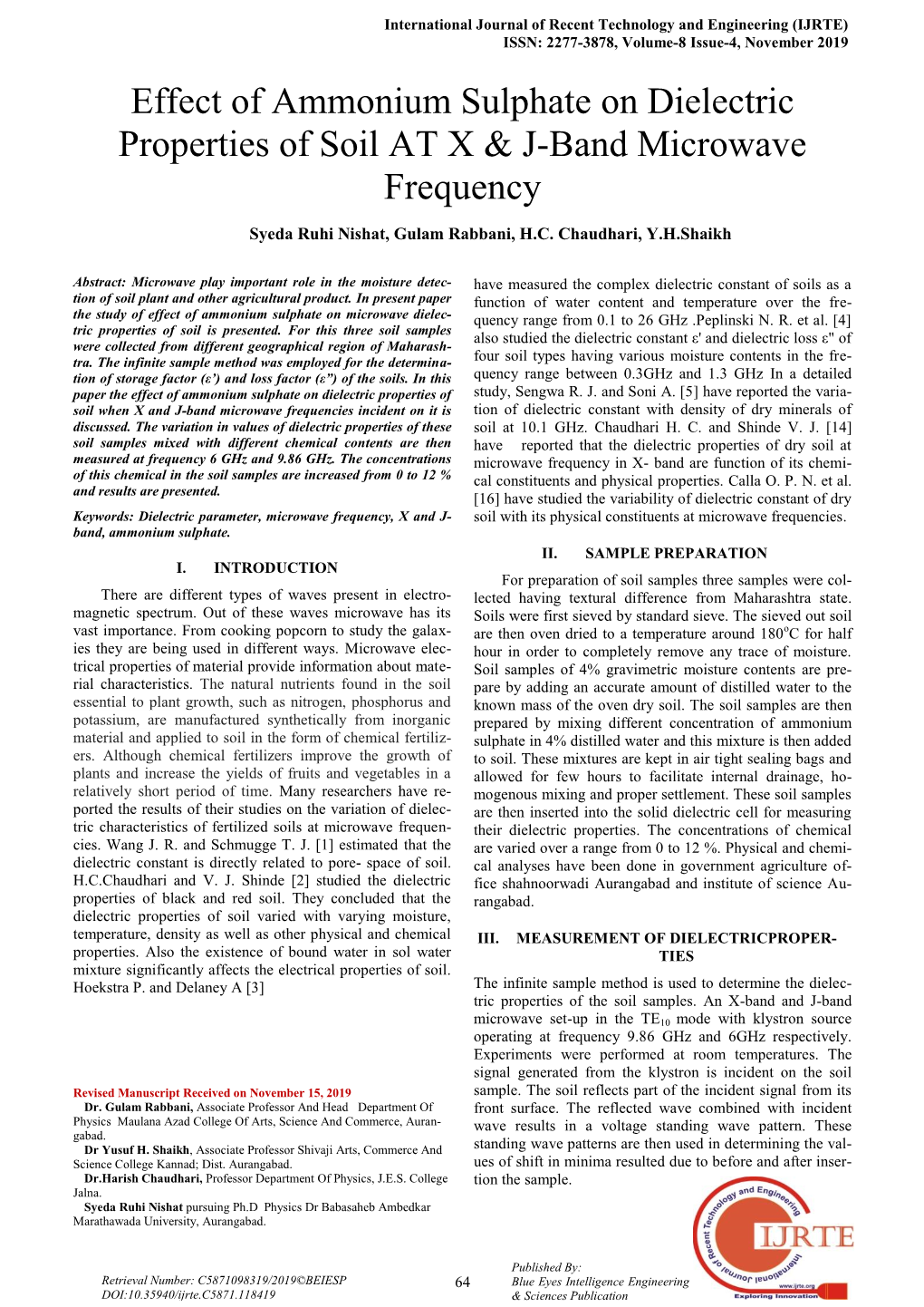 Effect of Ammonium Sulphate on Dielectric Properties of Soil at X & J-Band Microwave Frequency