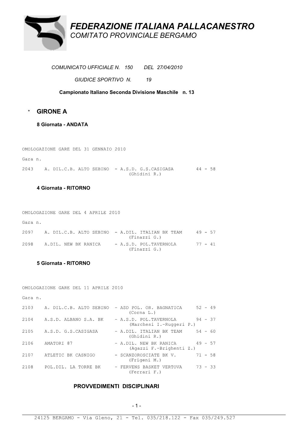 Federazione Italiana Pallacanestro Comitato Provinciale Bergamo