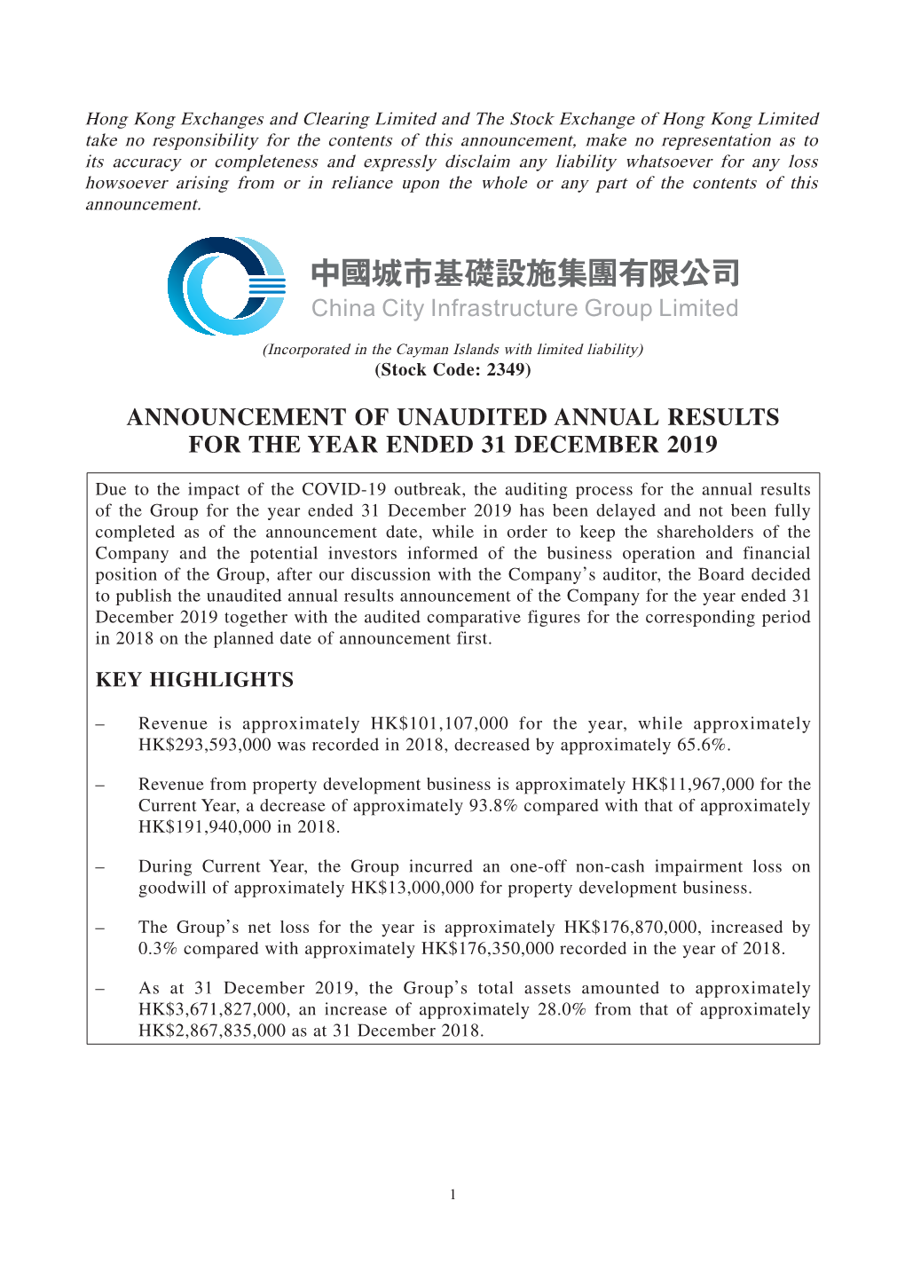 Announcement of Unaudited Annual Results for the Year Ended 31 December 2019