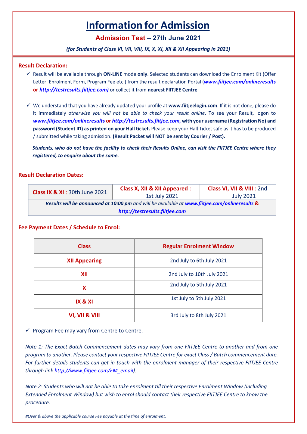 Information for Admission Admission Test – 27Th June 2021