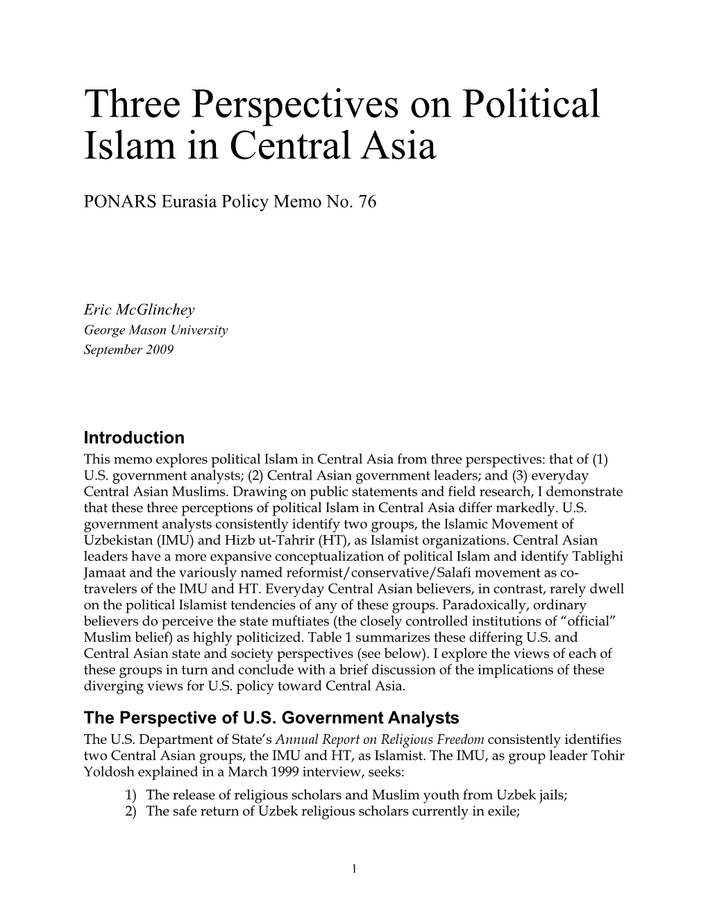 Three Perspectives on Political Islam in Central Asia