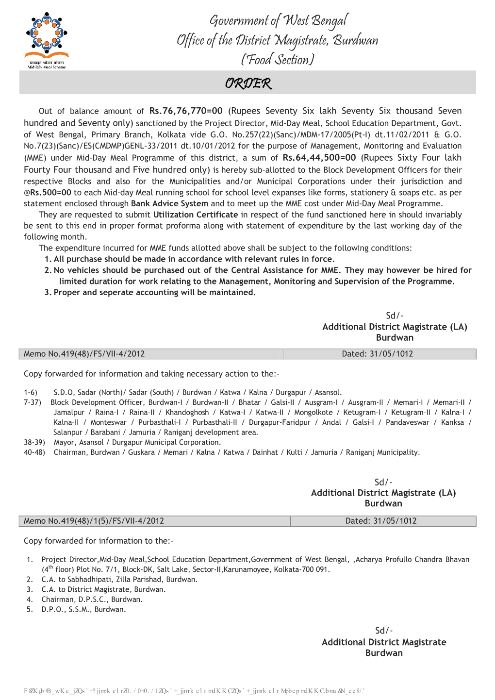Sub-Allotment Order of MME.Doc (Page: 1) Enclosed to Memo No.: 419(48)/FS/VII-4/2012 Date: 31-05-2012