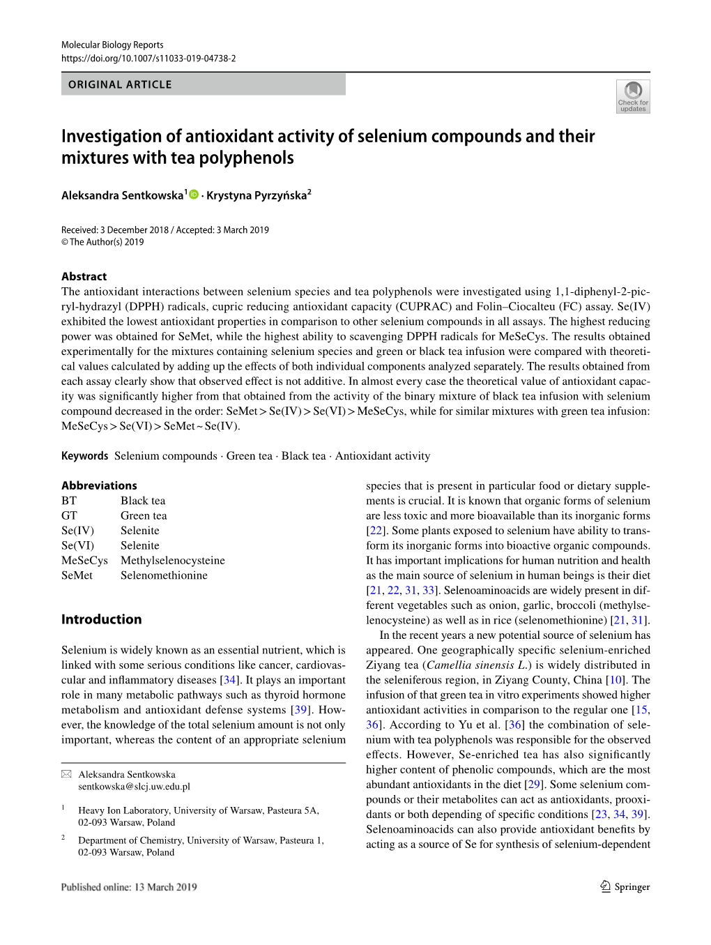 Investigation of Antioxidant Activity of Selenium Compounds and Their Mixtures with Tea Polyphenols