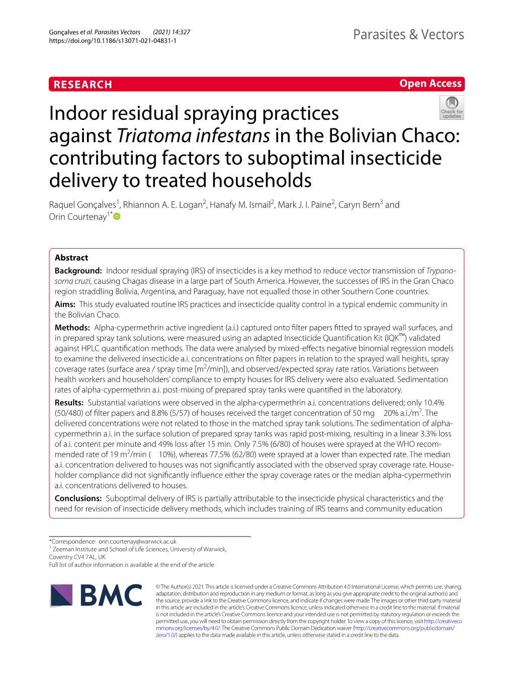 Indoor Residual Spraying Practices Against Triatoma Infestans in The