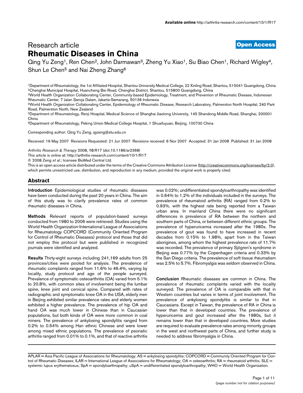 Rheumatic Diseases in China Qing Yu Zeng1, Ren Chen2, John Darmawan3, Zheng Yu Xiao1, Su Biao Chen1, Richard Wigley4, Shun Le Chen5 and Nai Zheng Zhang6