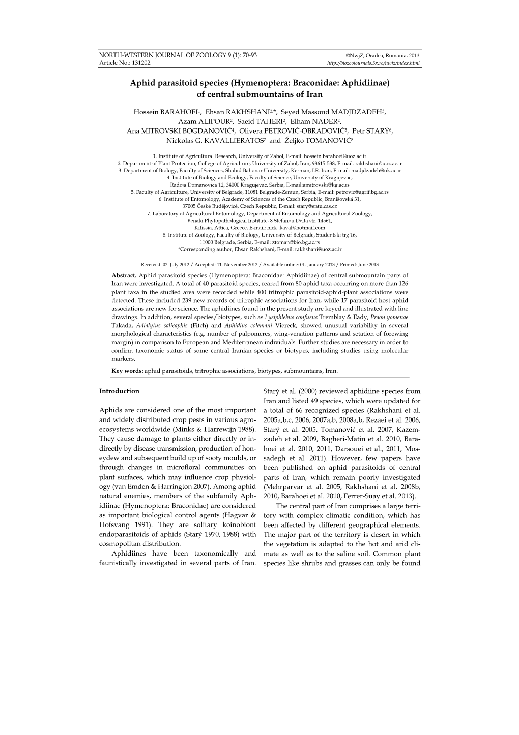 Aphid Parasitoid Species (Hymenoptera: Braconidae: Aphidiinae) of Central Submountains of Iran