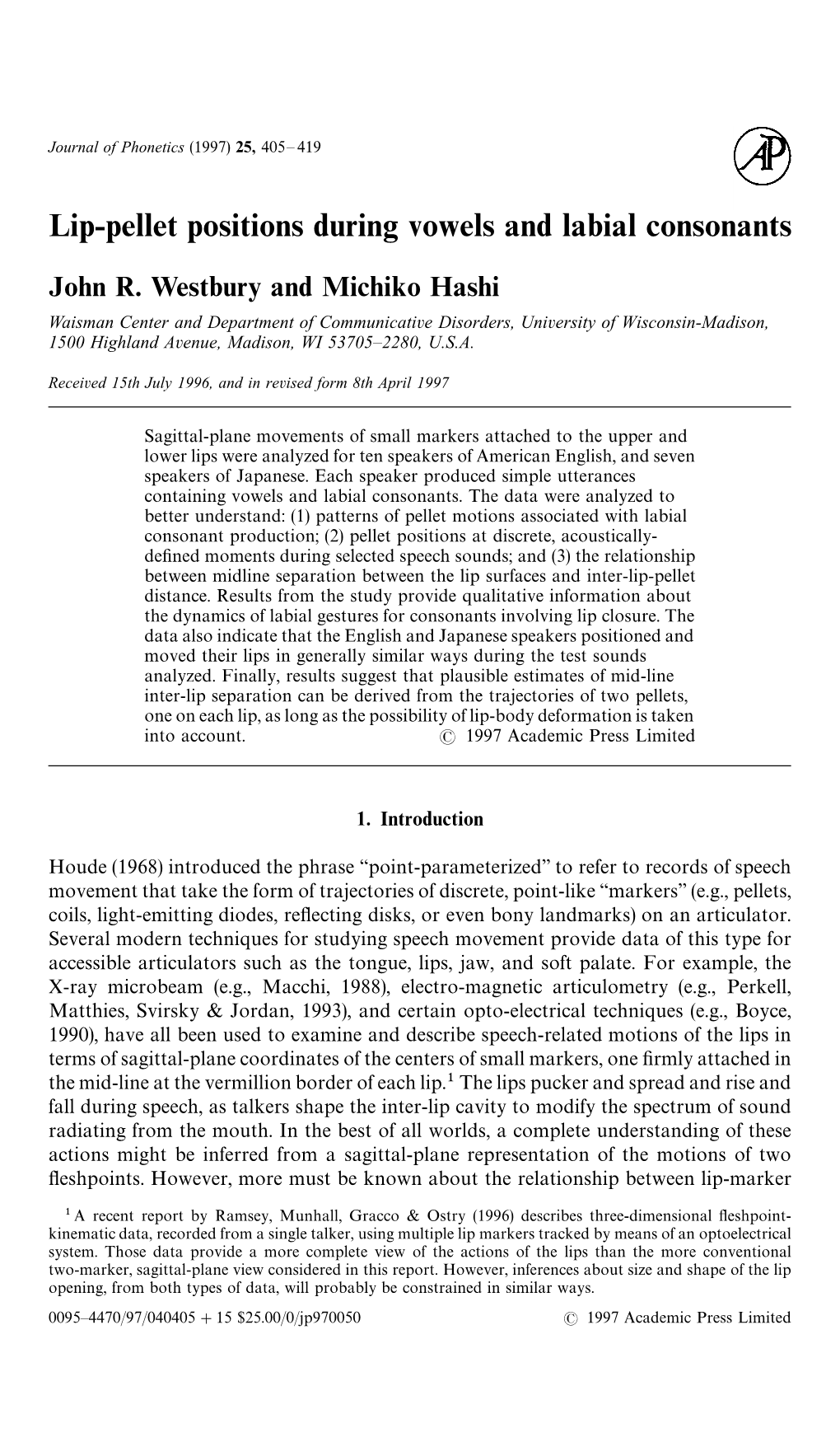 Lip-Pellet Positions During Vowels and Labial Consonants