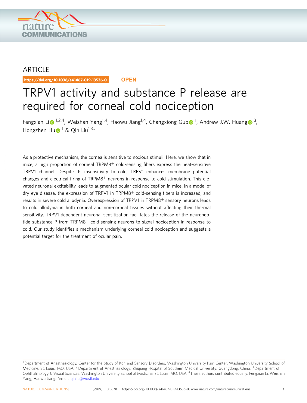 TRPV1 Activity and Substance P Release Are Required for Corneal Cold Nociception