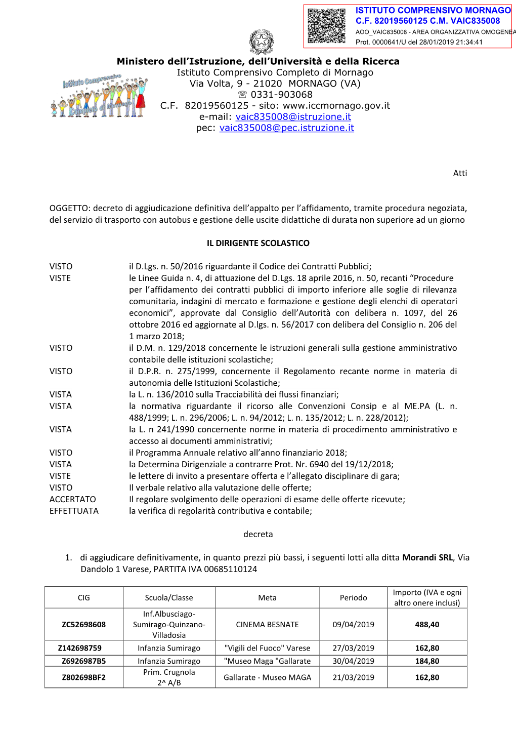 Decreto Di Aggiudicazione Definitiva Dell'appalto Per L'affidamento