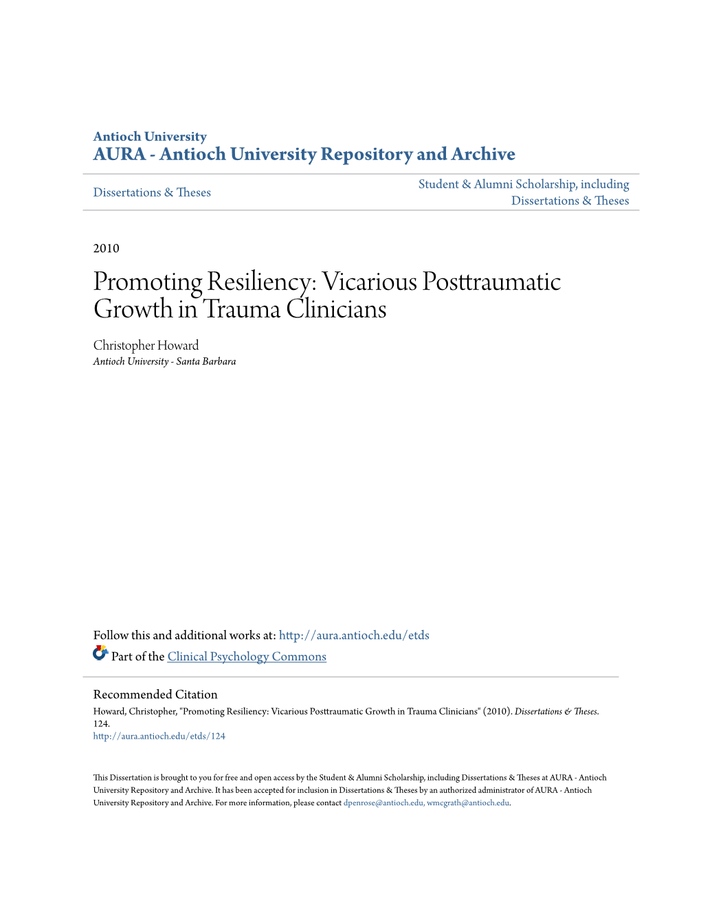 Vicarious Posttraumatic Growth in Trauma Clinicians Christopher Howard Antioch University - Santa Barbara