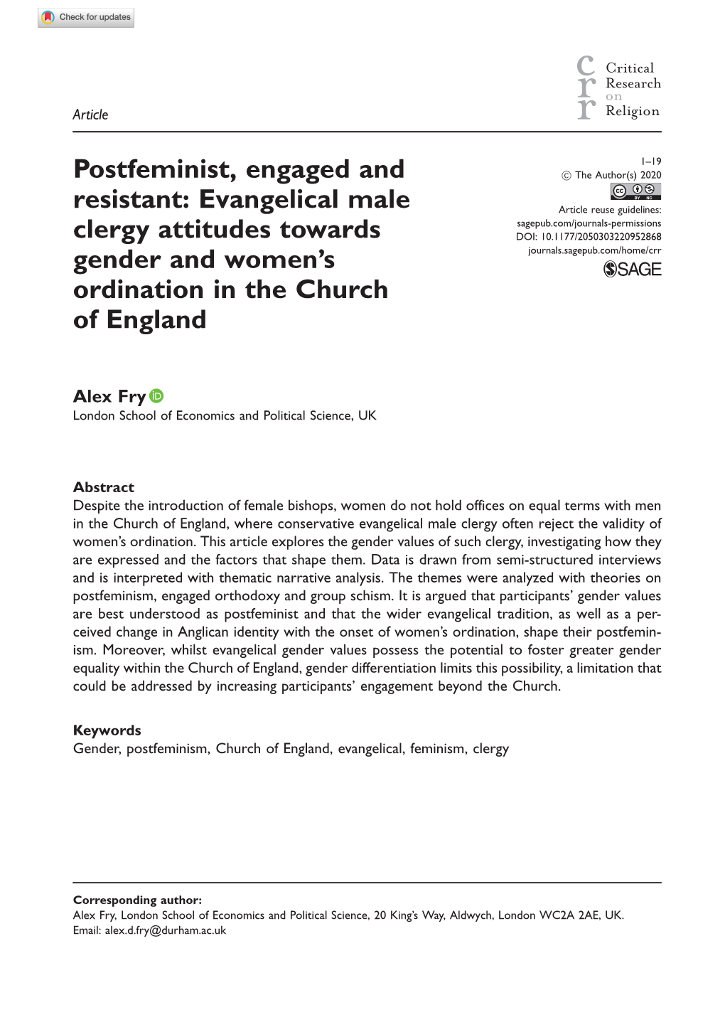 Evangelical Male Clergy Attitudes Towards Gender and Women's