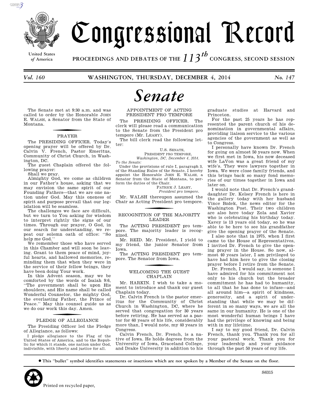 Congressional Record United States Th of America PROCEEDINGS and DEBATES of the 113 CONGRESS, SECOND SESSION