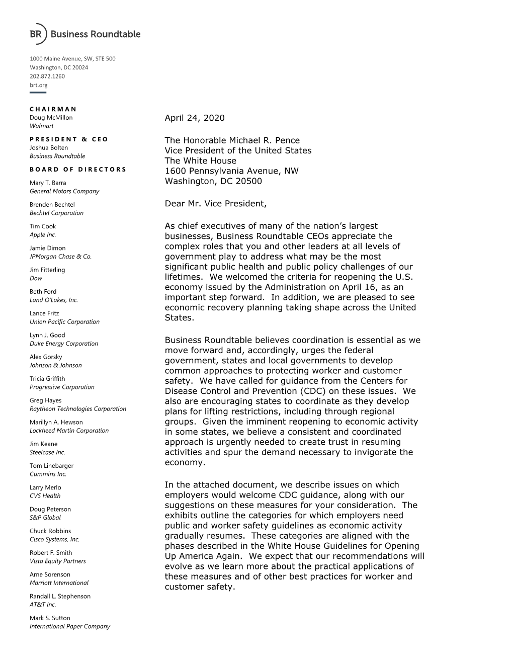 April 24, 2020 the Honorable Michael R. Pence Vice President of the United States the White House 1600 Pennsylvania Avenue, NW