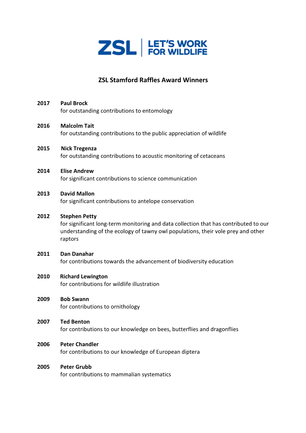 ZSL Stamford Raffles Award Winners