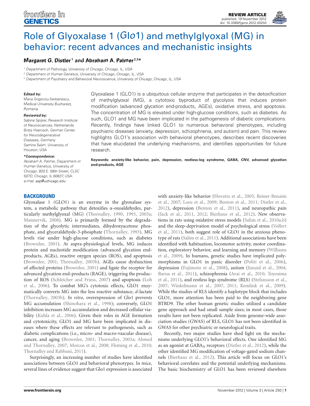 (Glo1) and Methylglyoxal (MG) in Behavior: Recent Advances and Mechanistic Insights