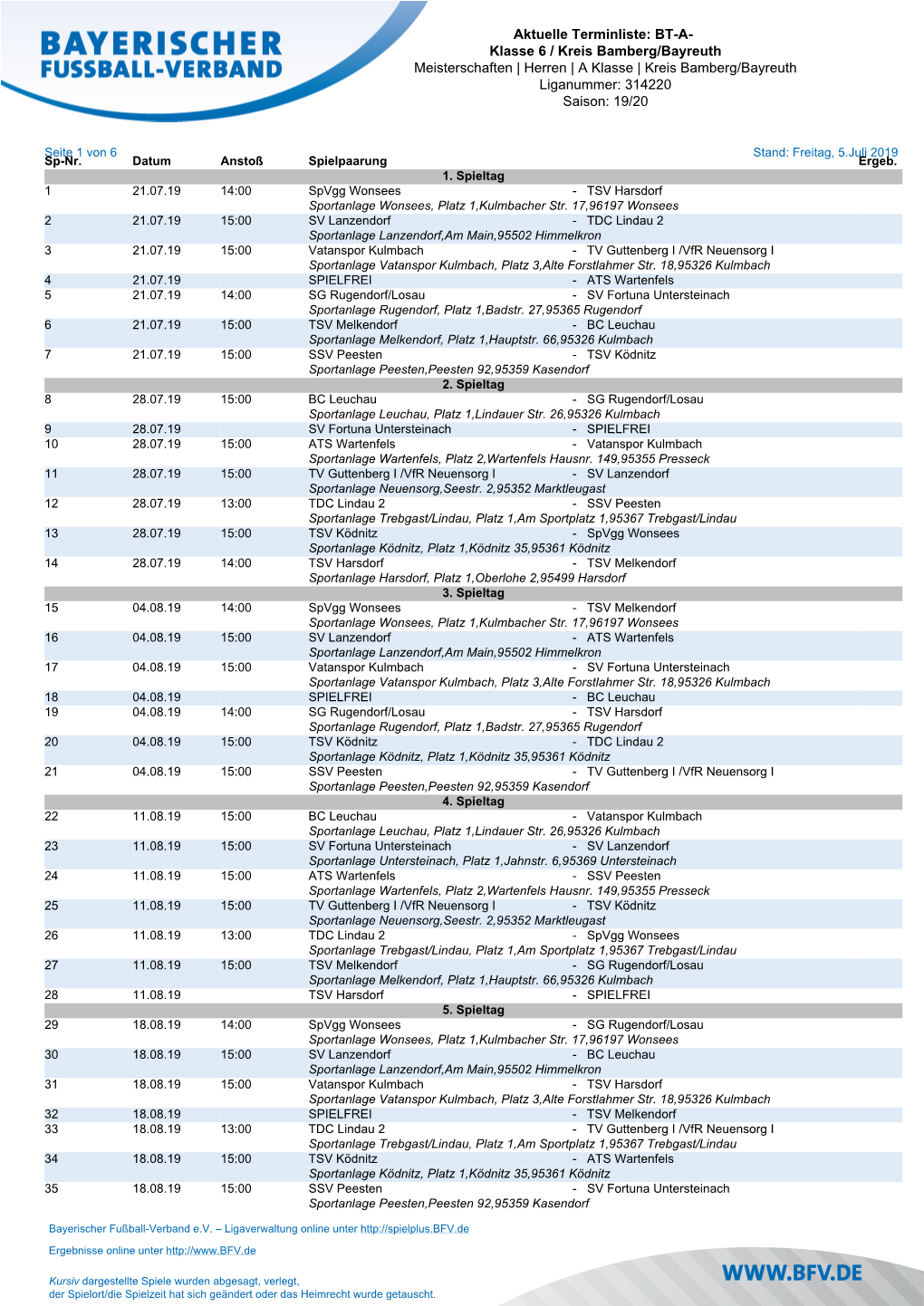 Aktuelle Terminliste: BT-A- Klasse 6 / Kreis Bamberg/Bayreuth Meisterschaften | Herren | a Klasse | Kreis Bamberg/Bayreuth Liganummer: 314220 Saison: 19/20