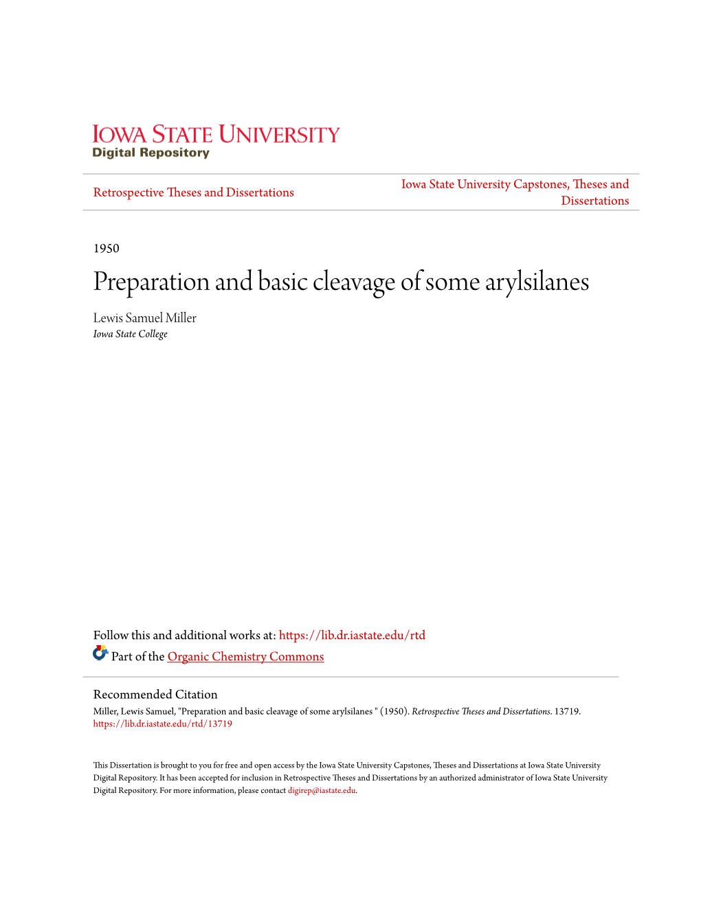 Preparation and Basic Cleavage of Some Arylsilanes Lewis Samuel Miller Iowa State College