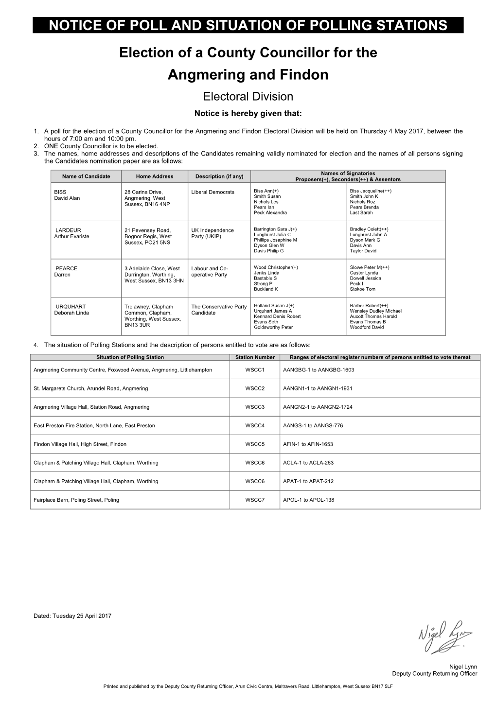 Statement of Persons Nominated, Notice of Poll and Situation Of