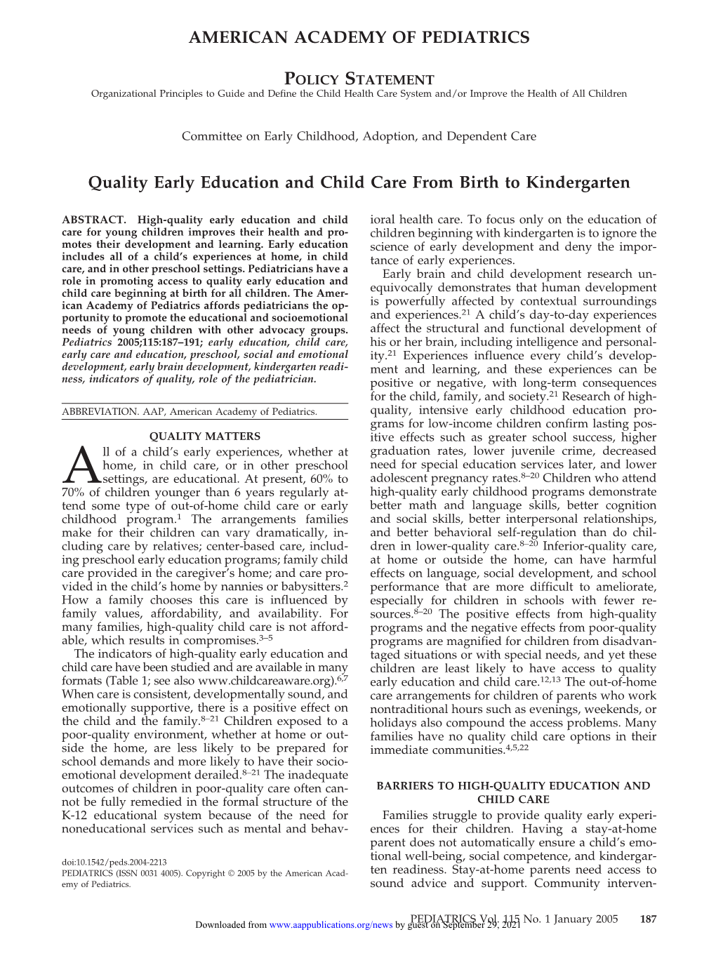 Quality Early Education and Child Care from Birth to Kindergarten