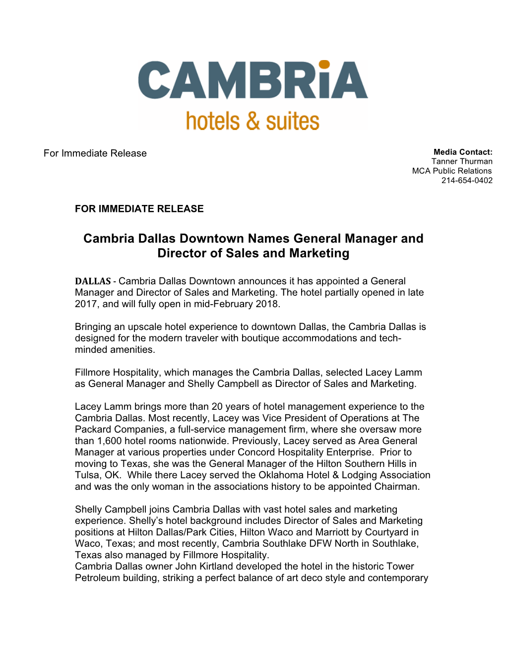 Cambria Dallas Downtown Names General Manager and Director of Sales and Marketing